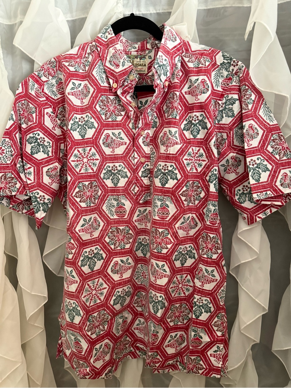 reyn spooner Red and Green Hex Floral Short Sleeve Polo *christmas*